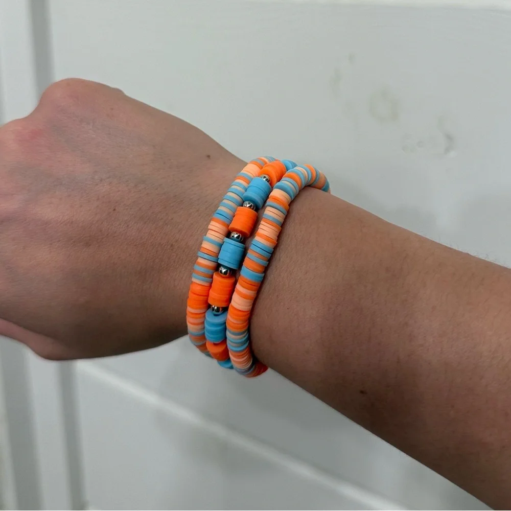 NEW Boho Chic Clay Bead Bracelet Stack Orange Blue Silver Accents Surfer Vibe